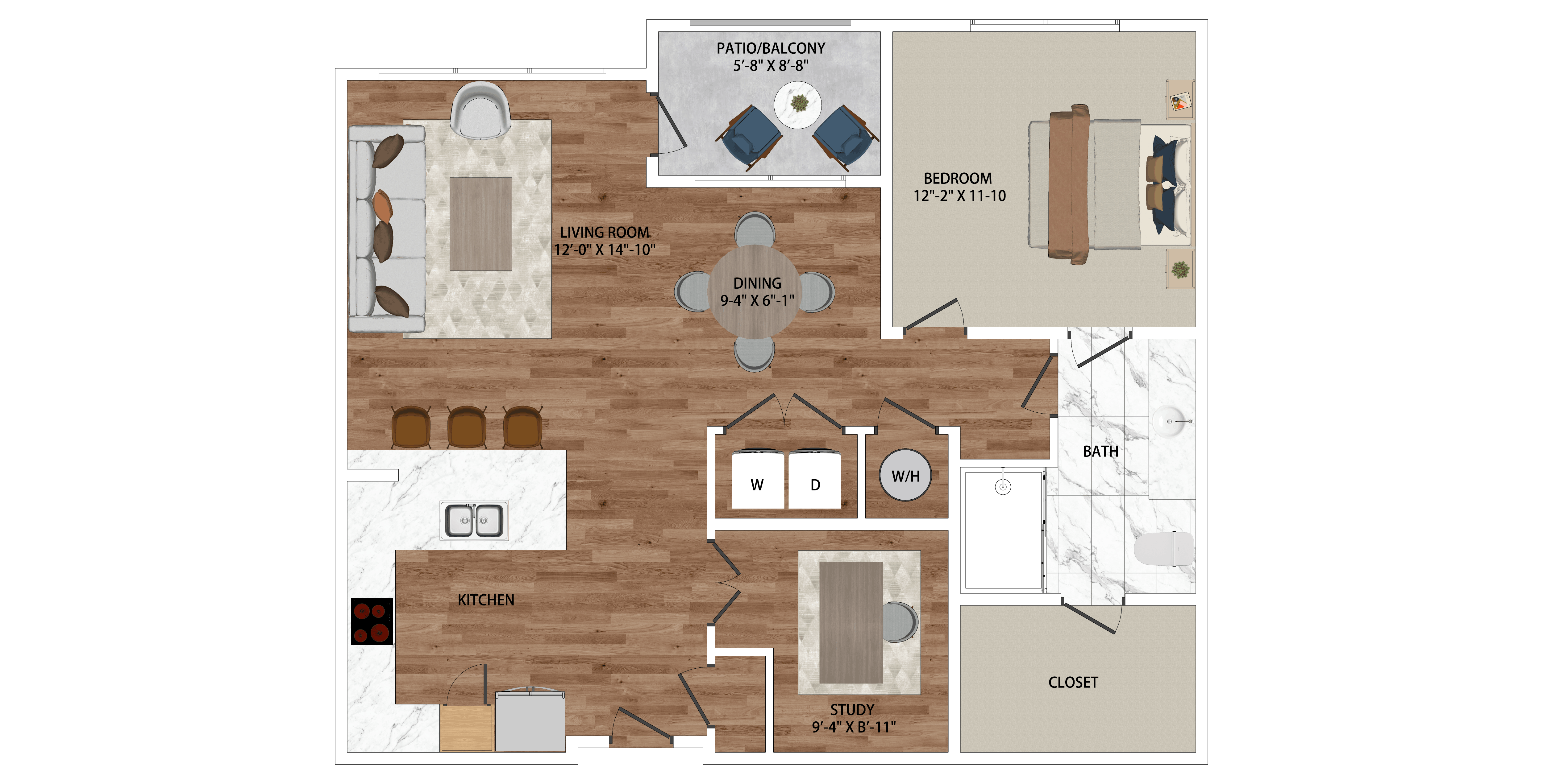 Floor plan for 1 bed, 1 bath, 964 sqft